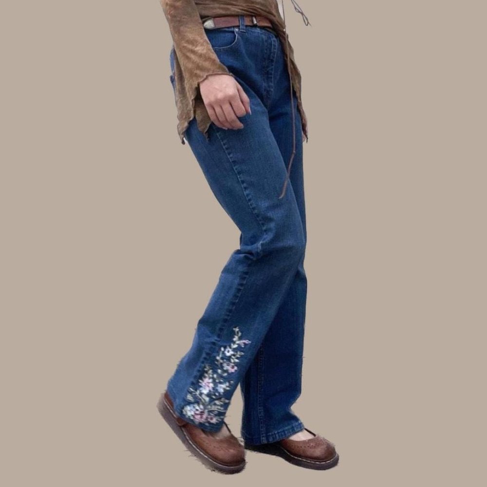 Vintage Y2K Bohemian Floral Fairy Embroidered Flare Denim Jeans